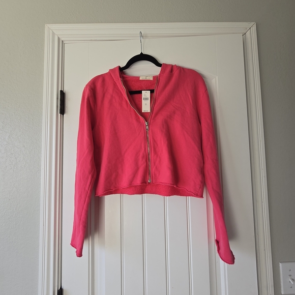 NWT Anthropologie t.la Cropped Zip Hoodie XS Pink Made in USA Raw Hem Y2K - Picture 4 of 13
